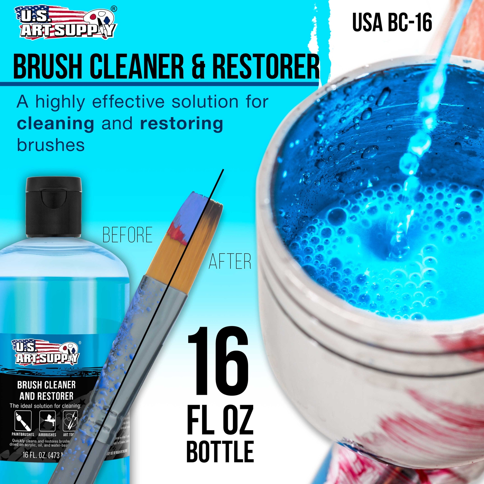 16oz Brush Cleaner, Restorer, Clean Dried Paint Brushes, Airbrushes, Acrylic Oil