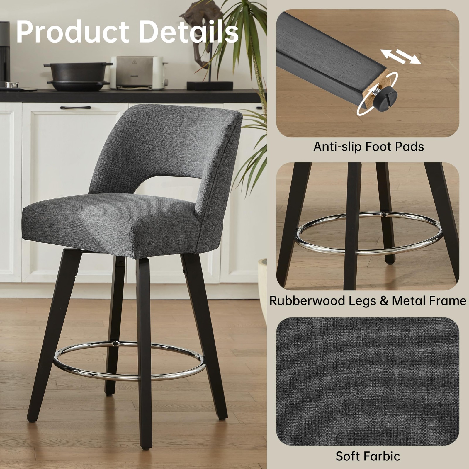 26 Upholstered Bar Stools Rubberwood Legs Supportive Back Set of 4