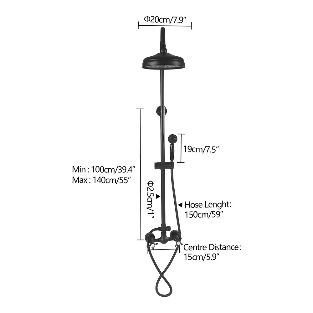 59" Wall Mount Matte Black Shower Faucet Set Hand Shower Double Knobs Unit