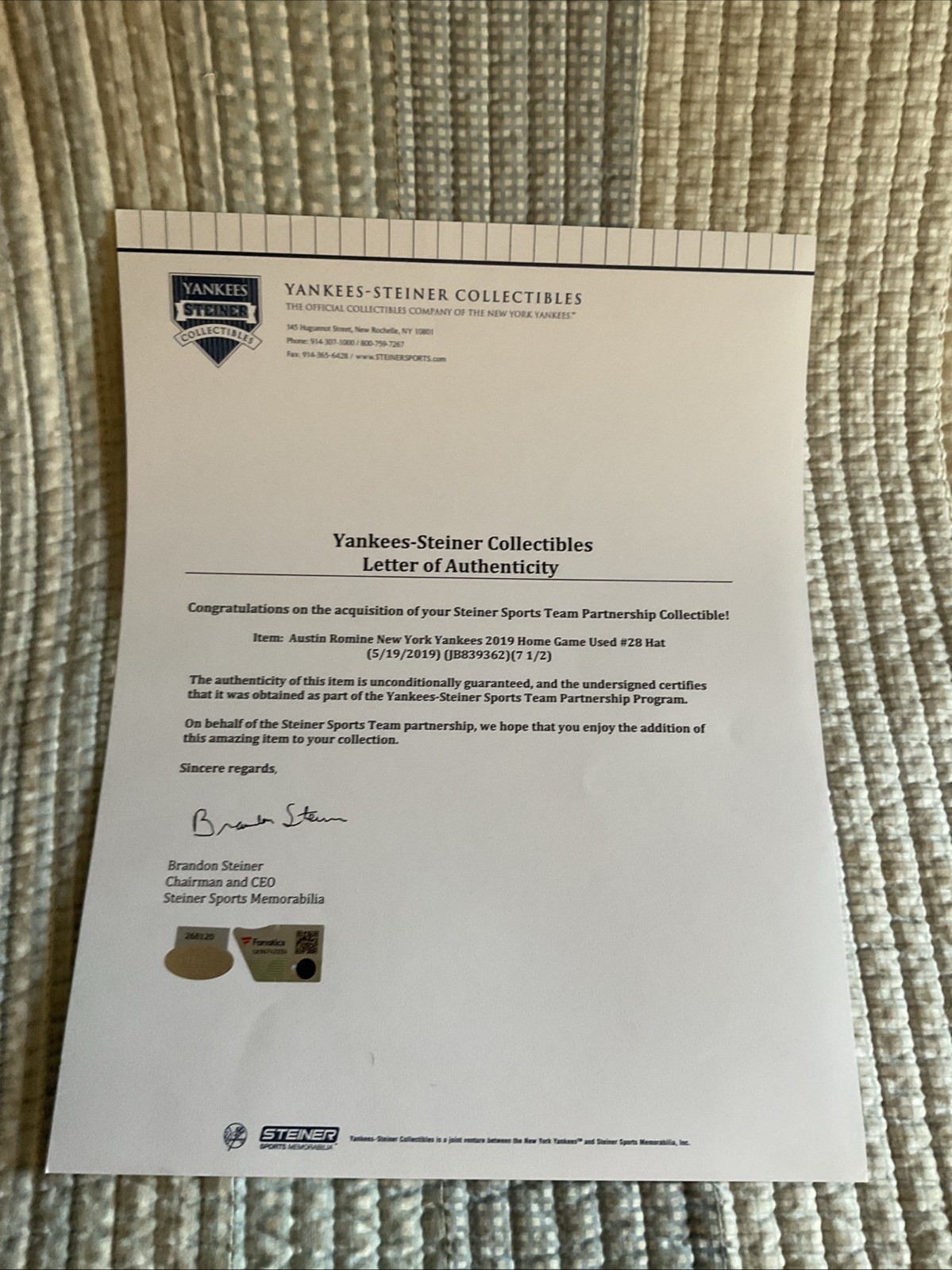 AUSTIN ROMINE *GAME USED* Memorial Day 5/19/19 CAMO HAY#28. COA STEINER