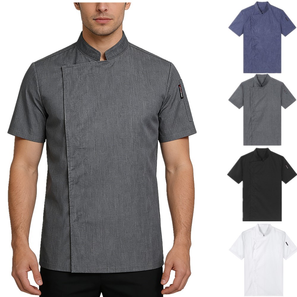 Men Short Sleeve Classic Chef Jacket Solid Color Work Shirts Kitchen Cook Bakery