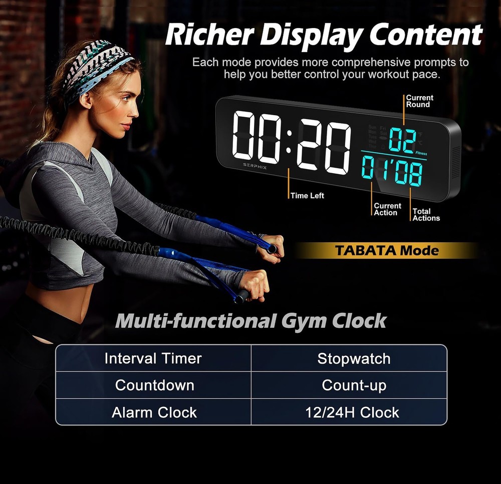 15.2" Gym Timer, App & Remote Control, Customizable LED Colors, Temperature, ...