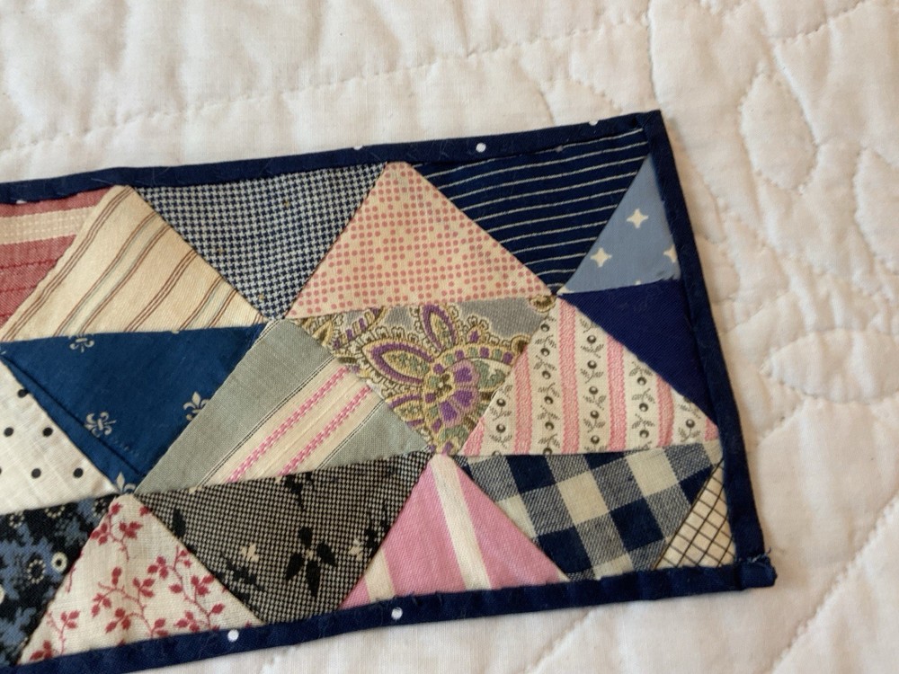 Vintage Antique Patchwork Quilt Table Topper, Early Calicos, Triangles, Multi
