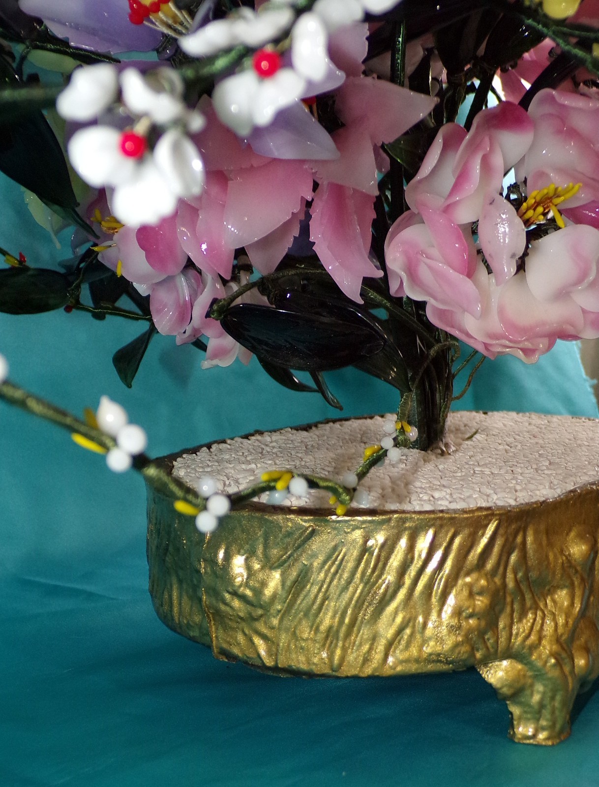 Large Jade Quartz Stone Glass Flower Bonsai Tree Vintage 20H x 30W Centerpiece