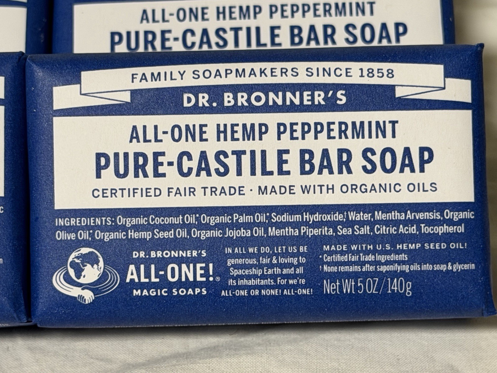 Dr. Bronner's All-One Pure-Castile Peppermint Magic Bar Soap 10 TEN 5 oz Bars