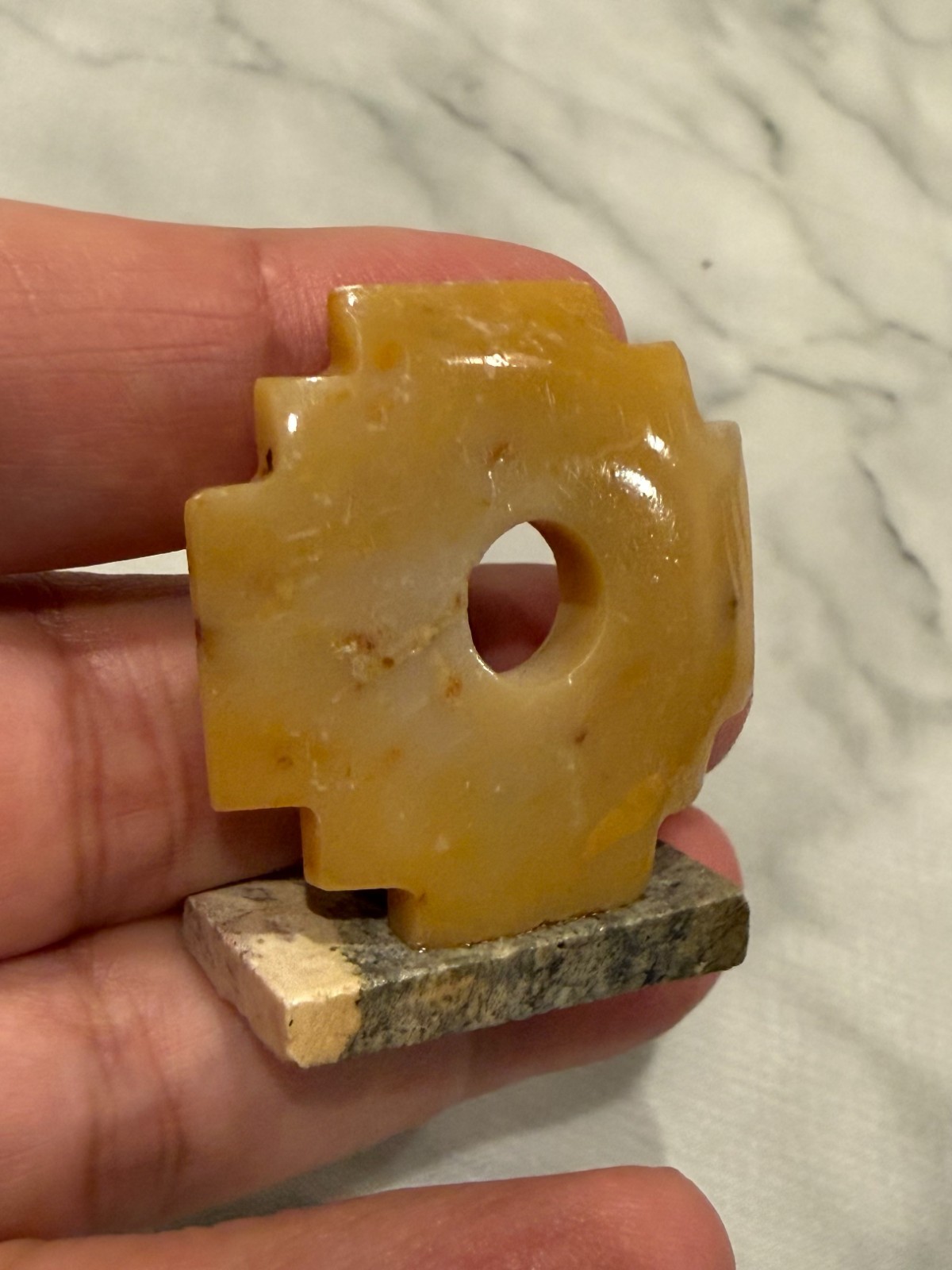 Vintage Small Yellow Stone Carving Chakana Inca Cross on Stand