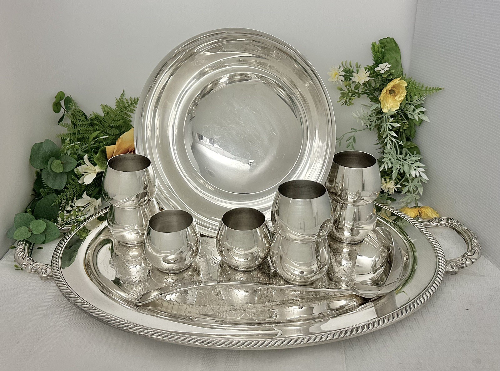 Punch Bowl Silver Plated Set Tray, Cups, Bowl, Ladle Vintage Drinkware - 14 pc