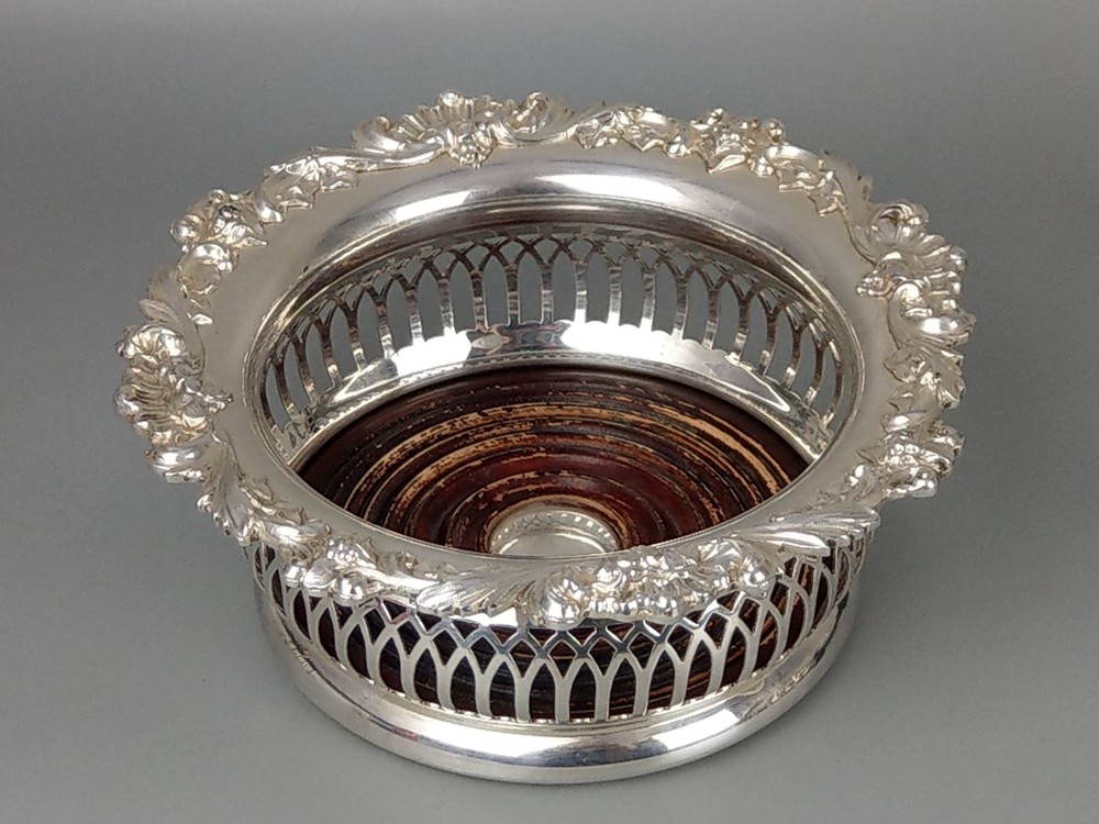 Antique Pierced Bottle Coaster Silver Plated Grape & Vine