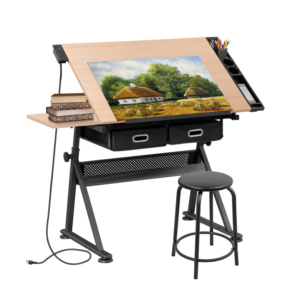 Adjustable Drafting Table Tilting Drawing Desk w/Charging Station Stool Natural