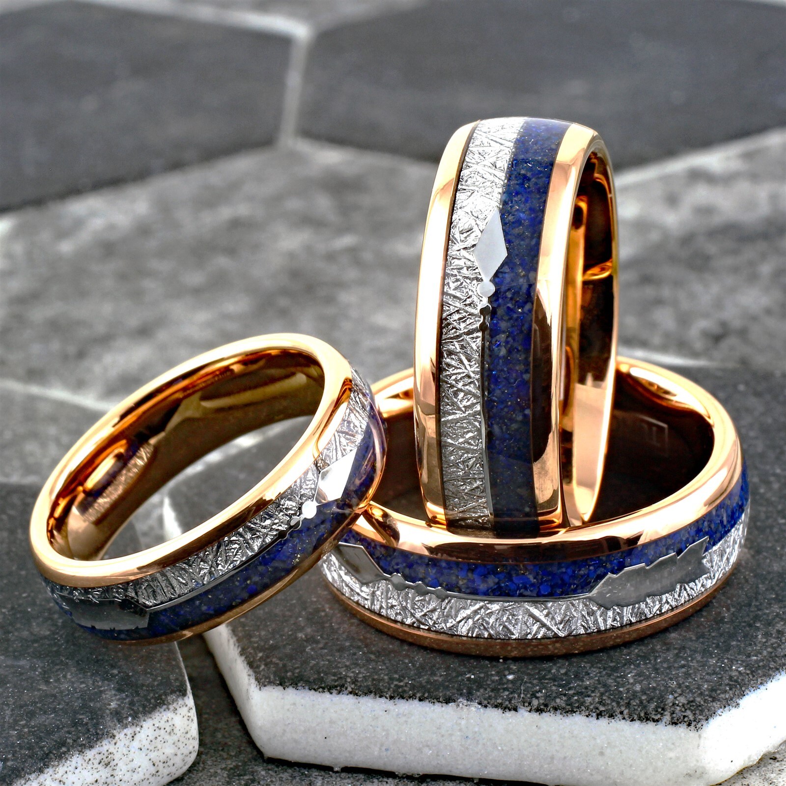 Rose Gold Plated Tungsten Carbide Meteorite & Blue Lapis Lazuli Men's Band Ring