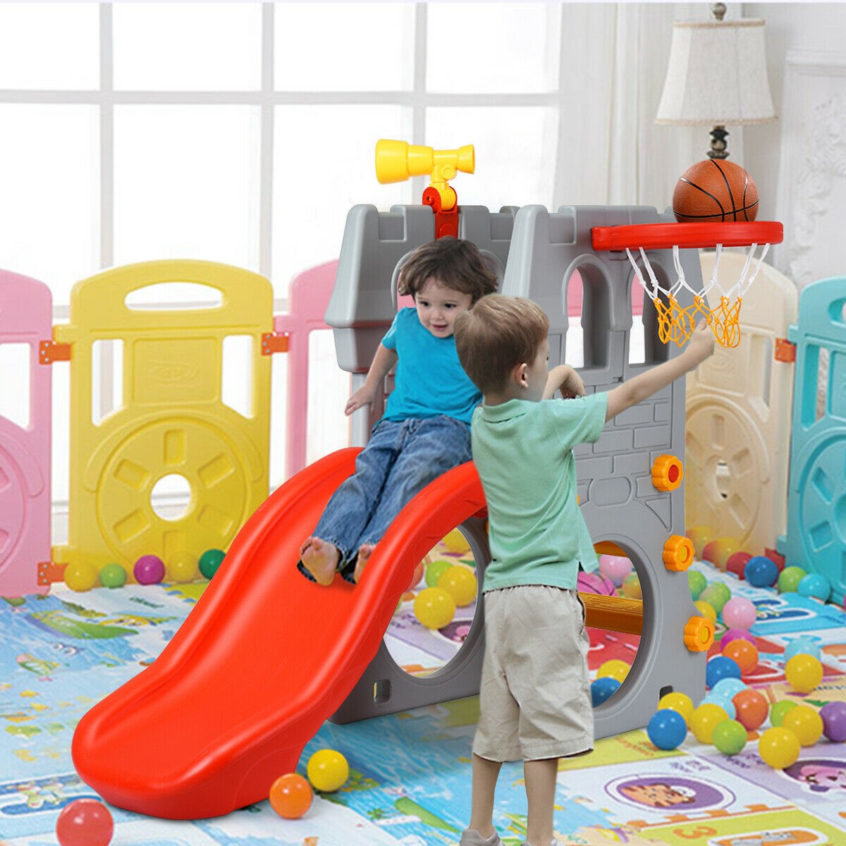 2-Step Children Castle Slide Basketball Hoop and Telescope Toy Indoor & Outdoor