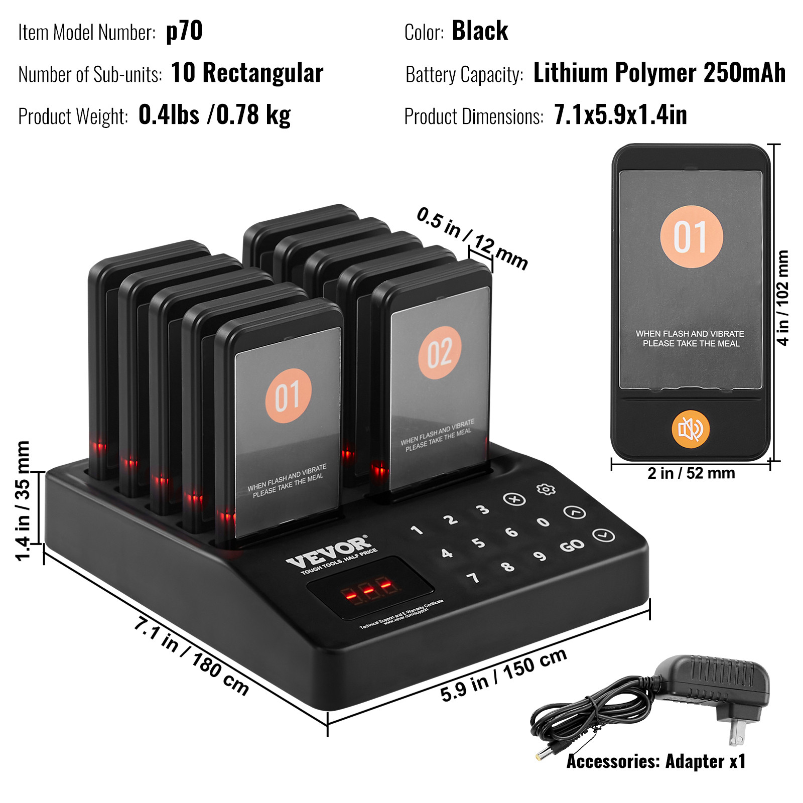 VEVOR Restaurant Wireless Pager System 10 Call Coasters Guest Queuing Calling
