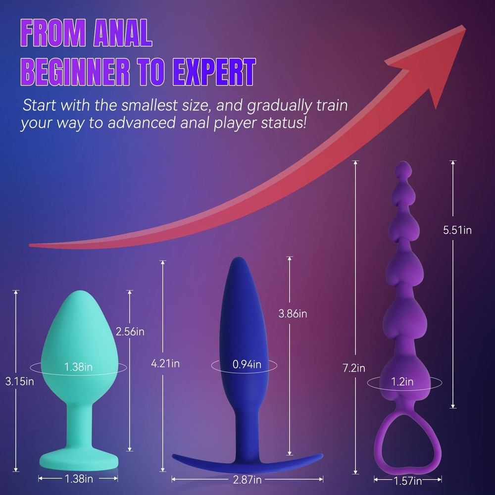 Anal Bead & Anal Training Kit, 3PCS Silicone Anal Plug Set with Pull Ring, Be...