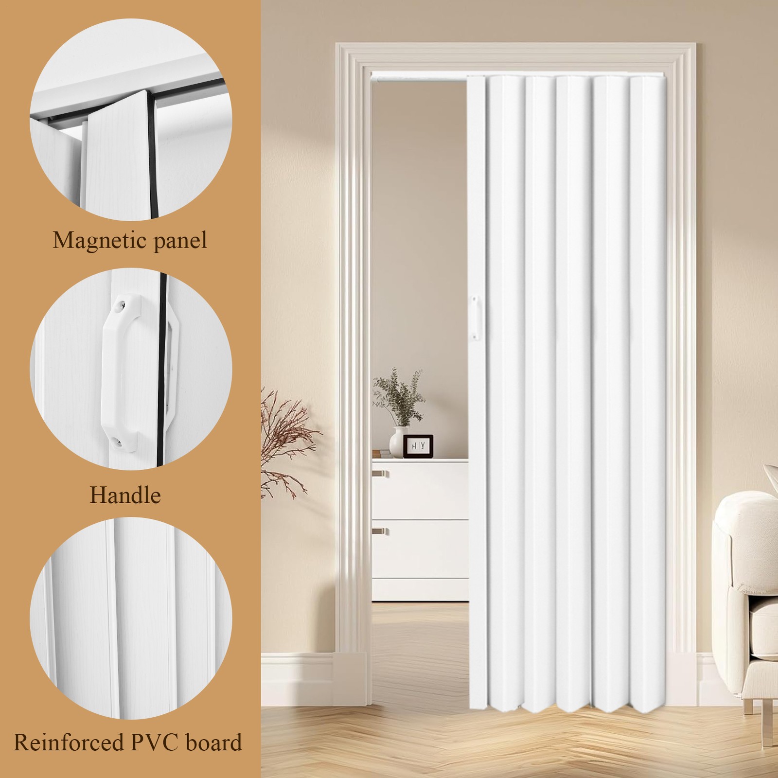 White 60x80in Interior PVC Accordion Folding Door With Mounting Hardware--