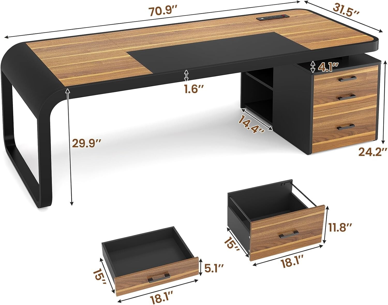 70.9" Executive Desk with File Cabinet, Large Computer Desk for Home Office