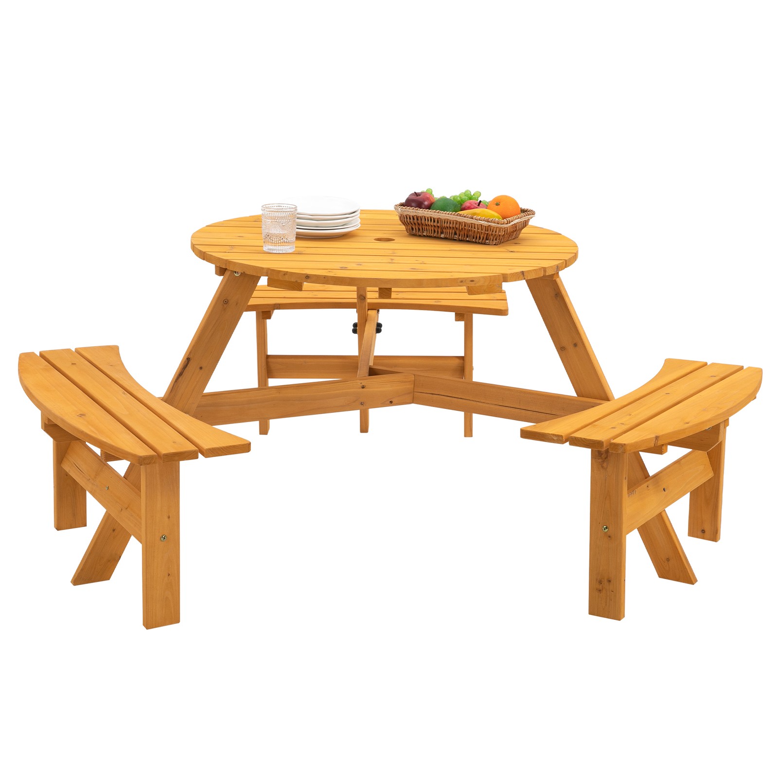 6-Person Circular Outdoor Wooden Picnic Table with 3 Built-in Benches for Patio