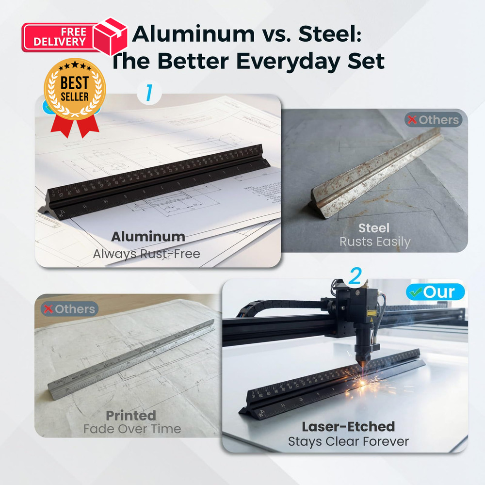 Rena Chris 2Pcs Architectural Scale Ruler, Triangular & Straight Black