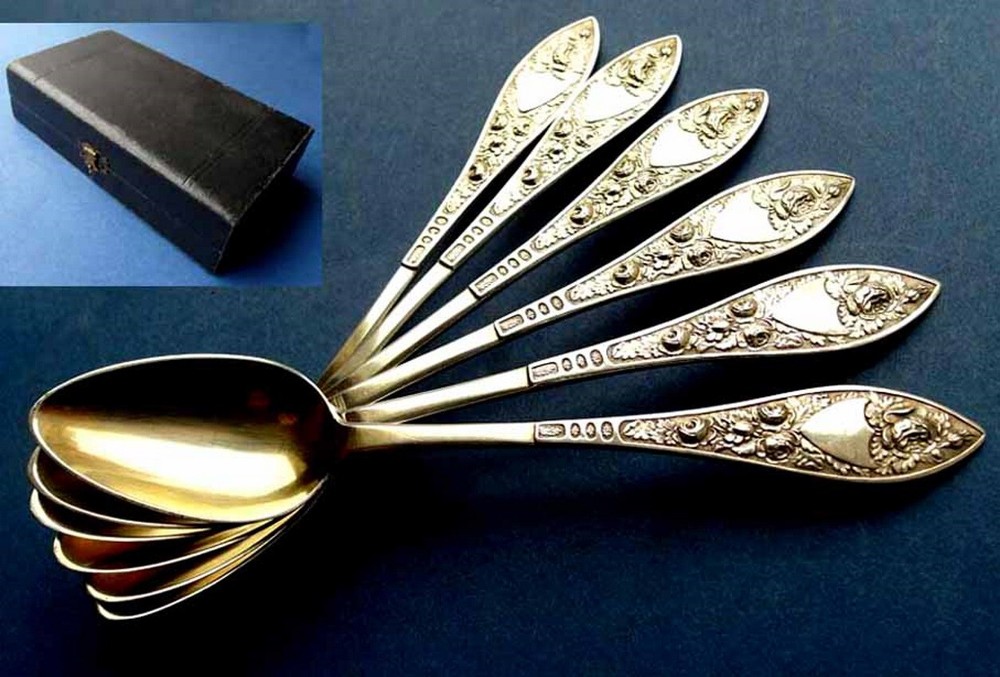 Set, 6 Large Tea Spoons, Roses, Silver, around 1820 E540