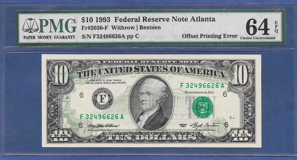 🇺🇸  1993 $10 ERROR   ♚♚OFFSET PRINTING♚♚   PMG CH UNC 64 EPQ
