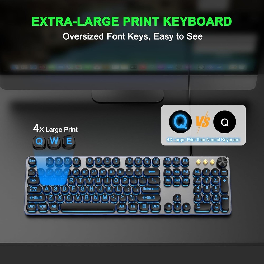 Large Print Backlit Keyboard with 7-Color Backlit, Wired USB Lighted Computer...