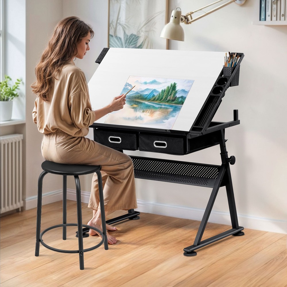 Adjustable Height Drafting Table for Artists Drawing Table with 2 Drawers White