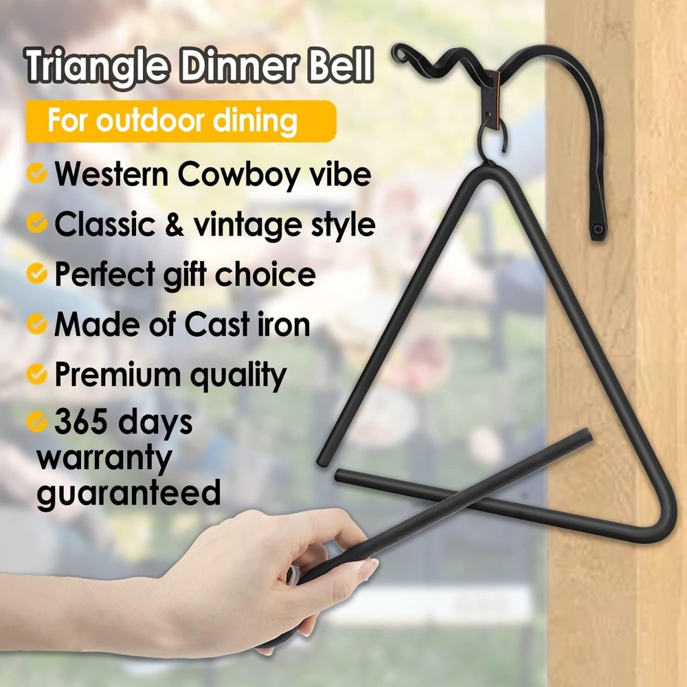12'' Triangle Dinner Bell Cast Iron with Hanger & Call Striker Ringer...