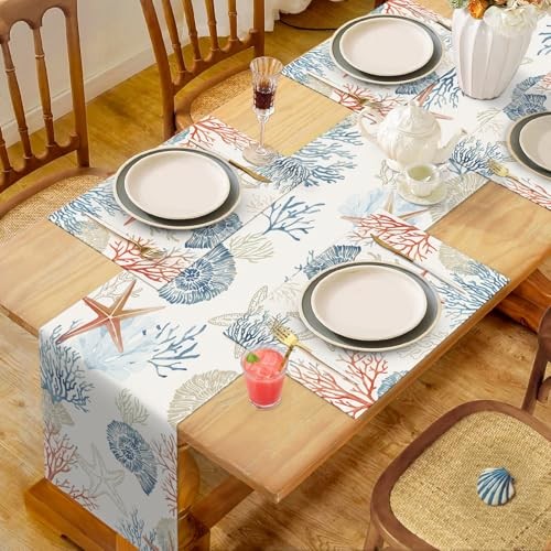 Nautical Coastal Table Runner 13x72 Inch Ocean Themed Coral 13"W x 72"L