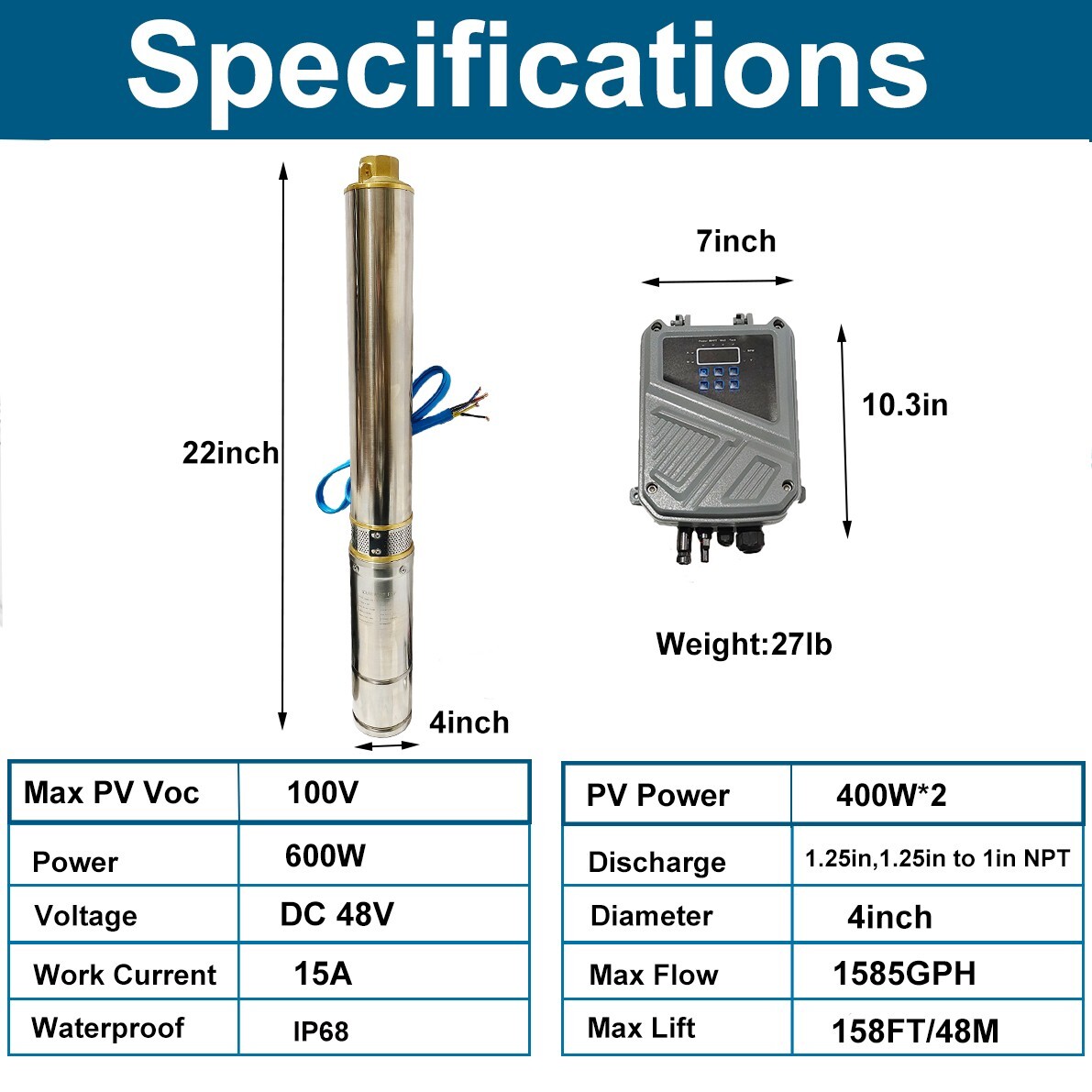 4" 600W Solar Pump Submersible Pump Bore Deep Well Pump+MPPT Controller DC 48V