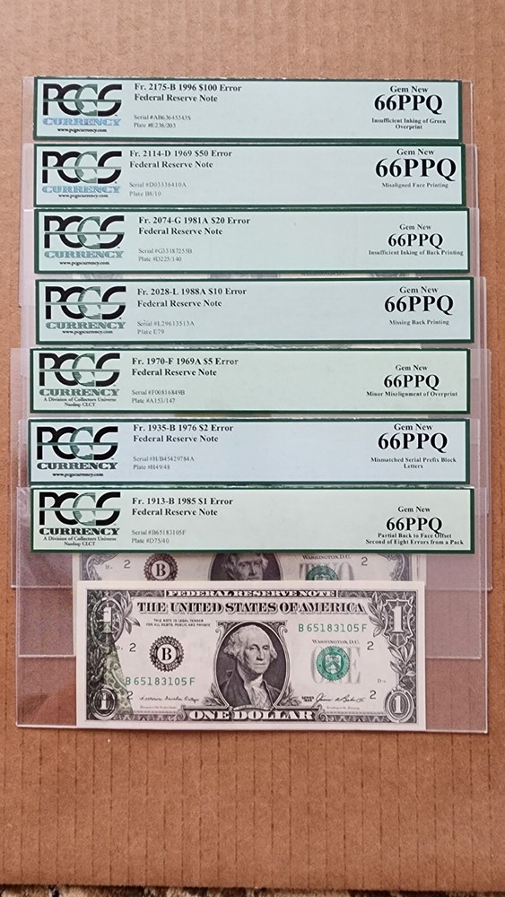 $1-$2-$5-$10-$20-$50-$100 FRN ERROR NOTE PCGS66PPQ