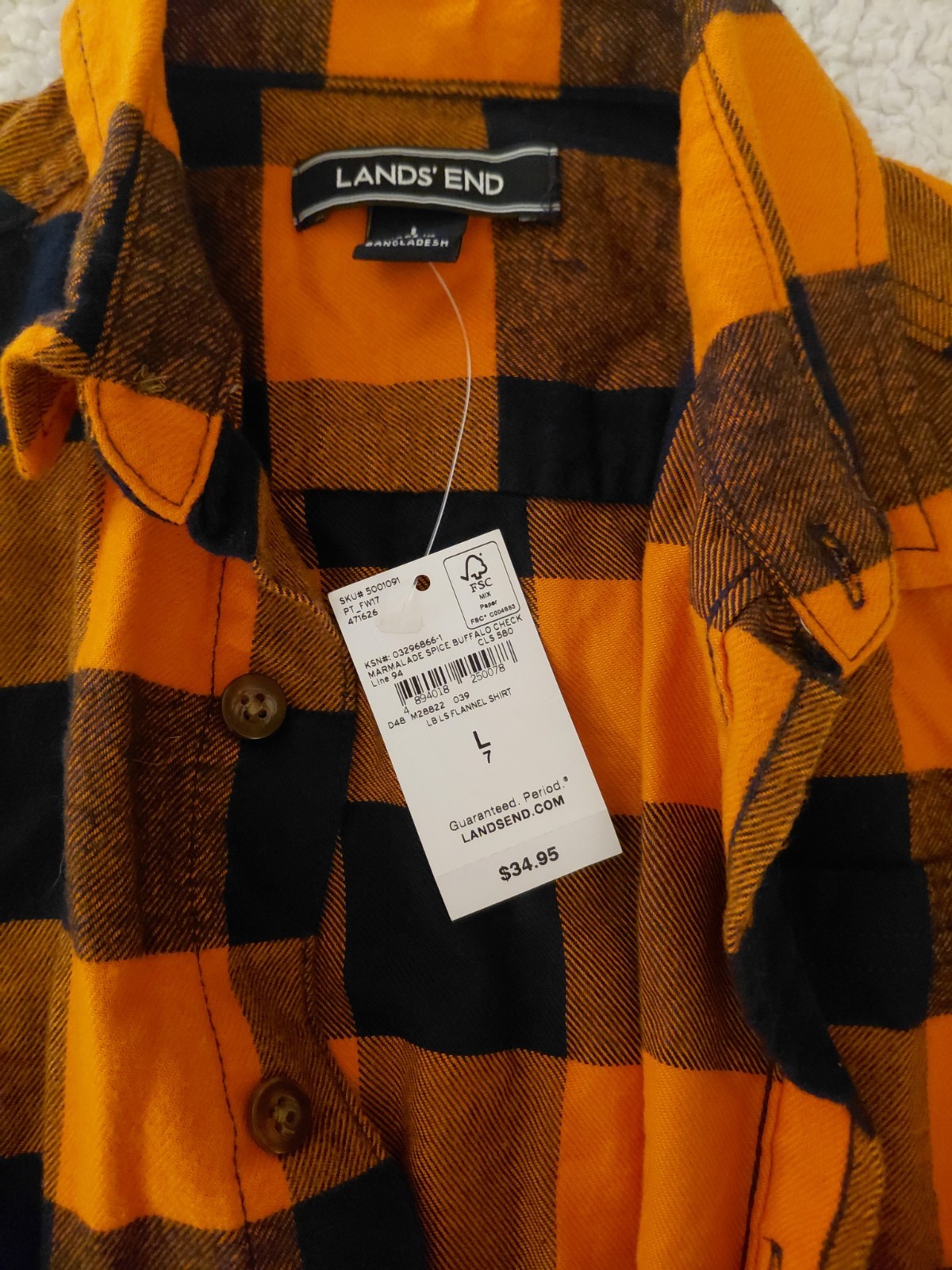 LANDS END Boys Blue/Orange Plaid Flannel Long Sleeve Shirt Size L-7/EUC