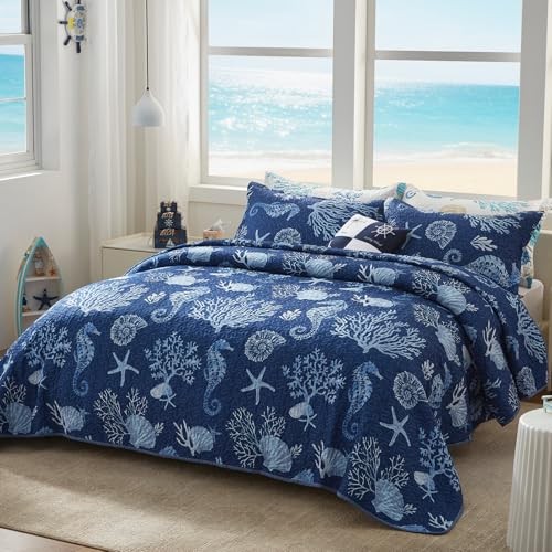 Coastal Quilt Set King Size - Lightweight Microfiber Reversible Bedspread,
