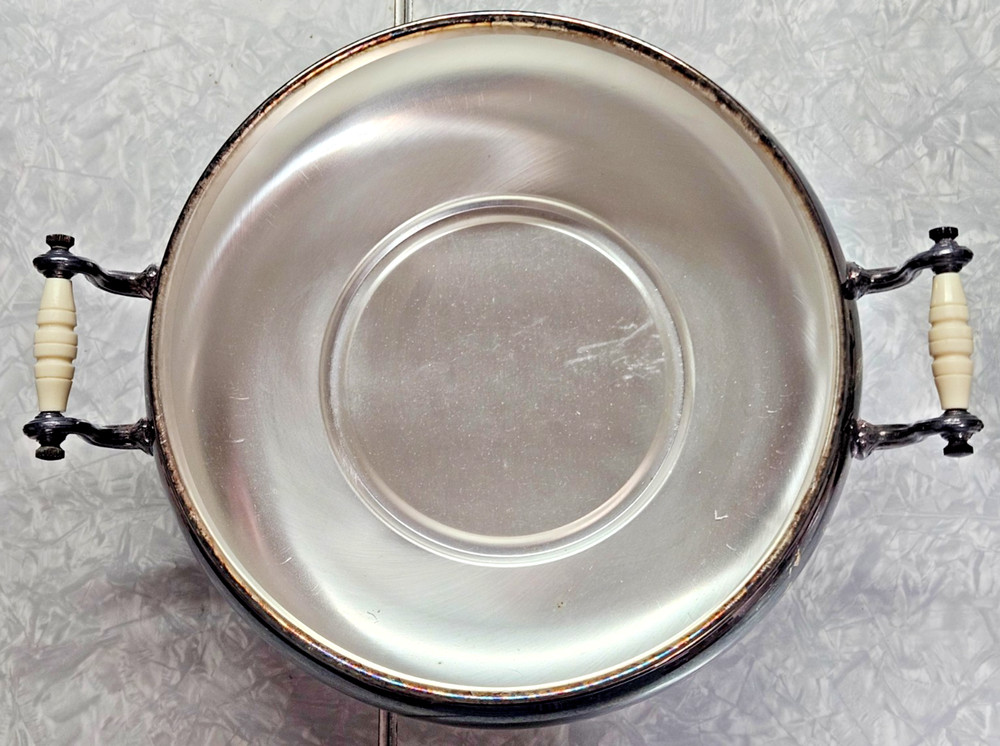 Vintage silverplate covered divided server w/ Glasbake insert 9.5" footed