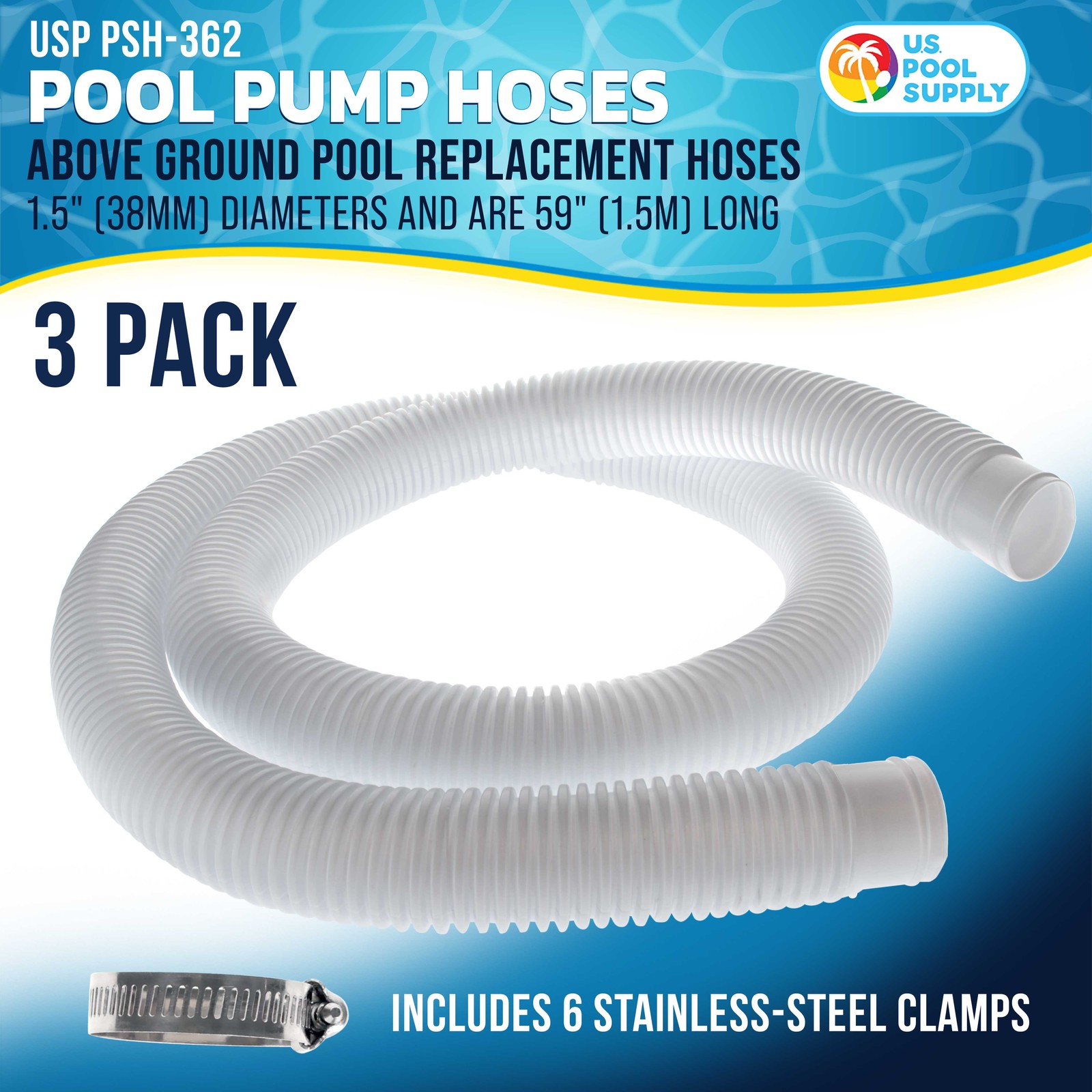 3 Pack of White Above Ground Pool Hose Replacement 1.5" Diameter x 59" Long