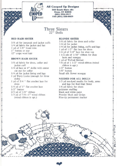 Three 18" Dolls Vintage Craft Pattern - Called "The Sisters Three"