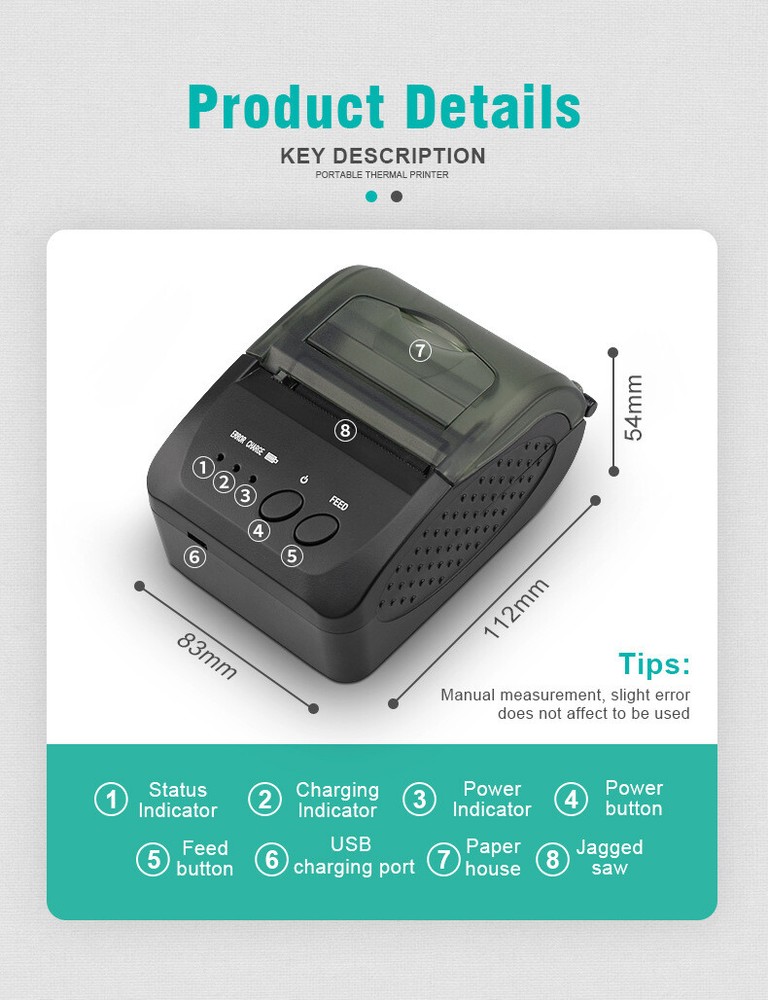 58mm Mini Portable Bluetooth Thermal Printer USB for Win Android iOS Printing