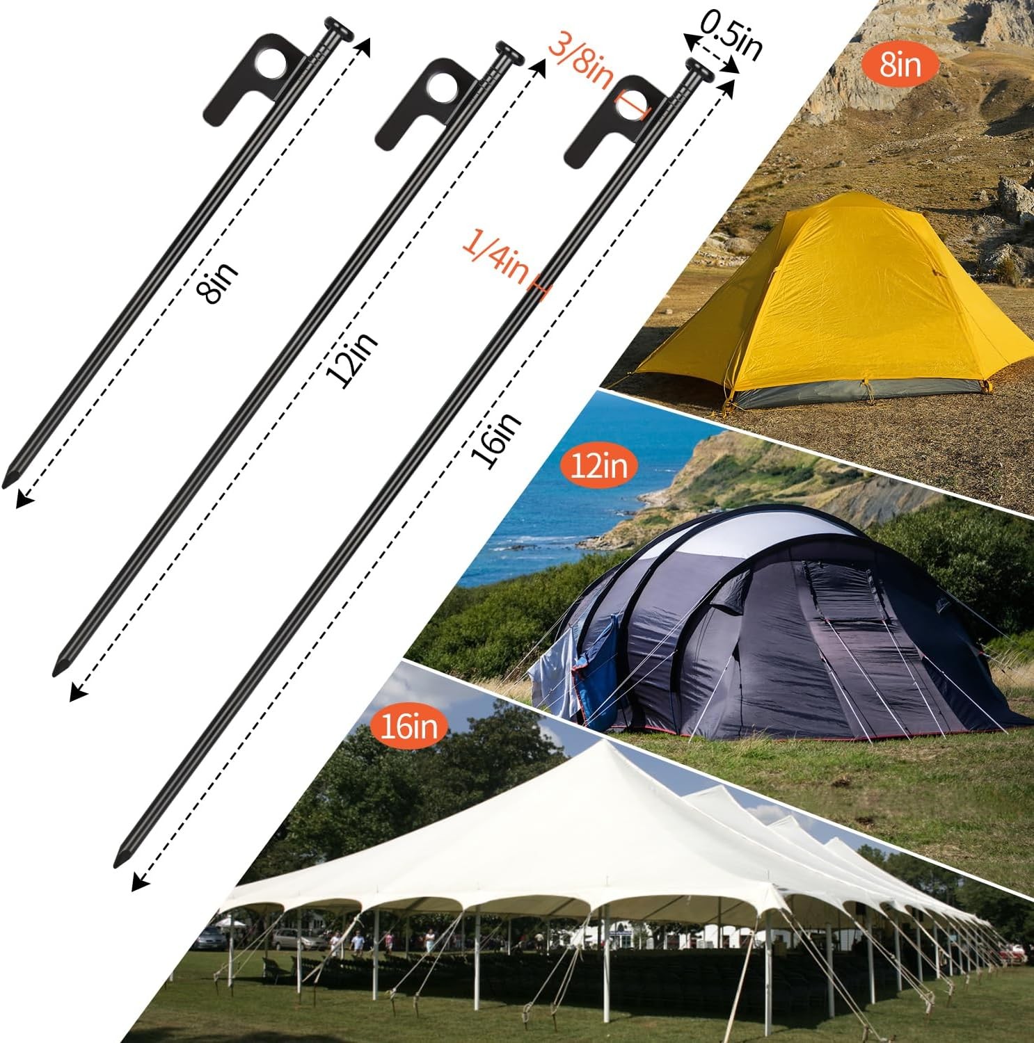 Camping 8/16/32 Pack 8in Heavy Duty Forged Steel Tent Stakes, with Storage Bag