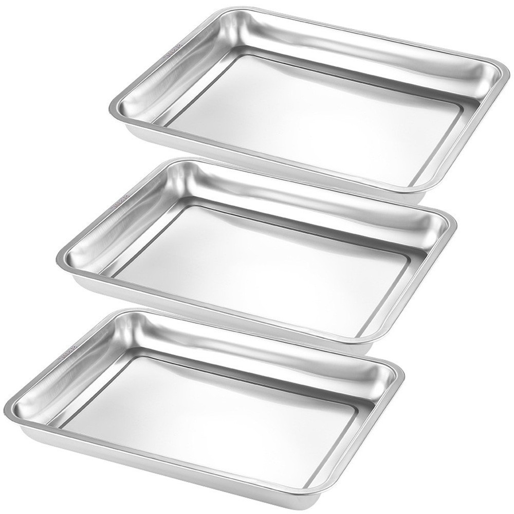 3pcs Heavy Duty Oven Pan Stainless Steel Rectangular Deep Edged Tray