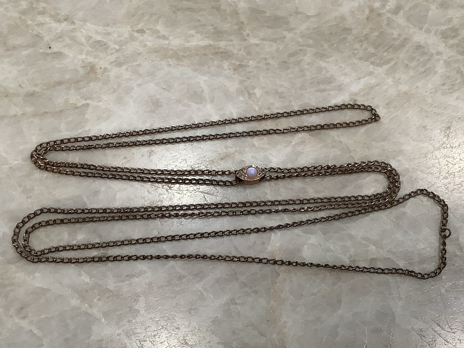 Vintage Antique Rose Gold Filled 46" Watch Chain & Opal Diamonds Slide