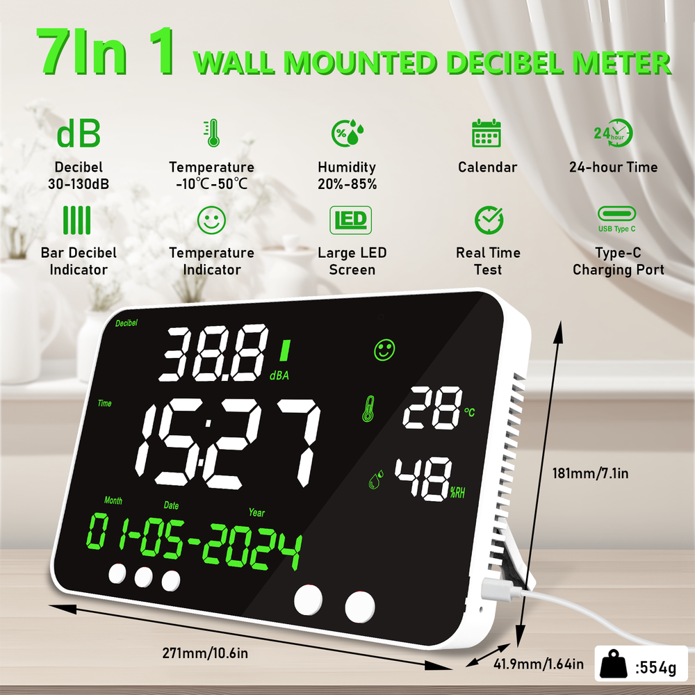 Decibel Meter Sound Level Reader LED Time Temperature Humidity Noise Meter