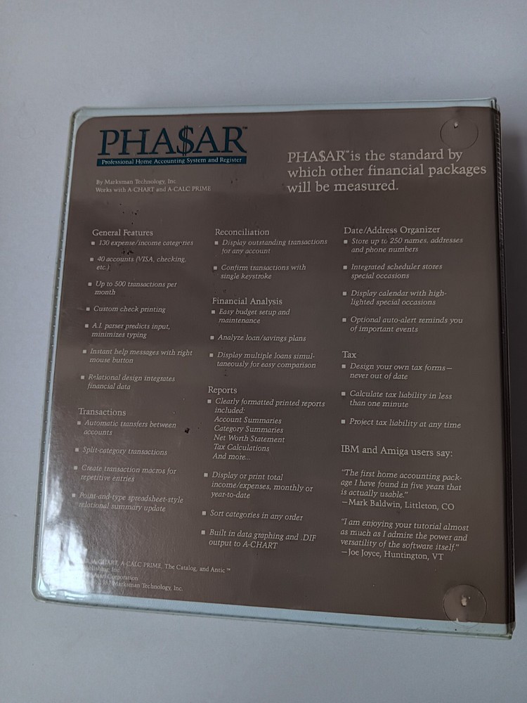 Amiga PHASAR Version 3.0 Home Accounting Binder 2 Disks Tested/Works