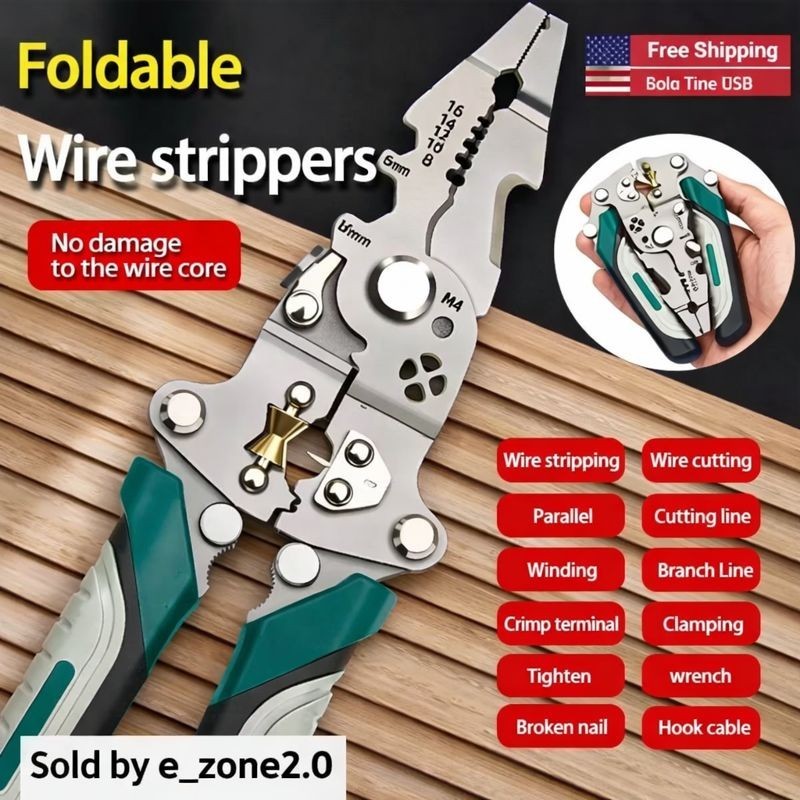 Foldable Multi-Function Wire Stripper and Crimping Pliers for Electricians