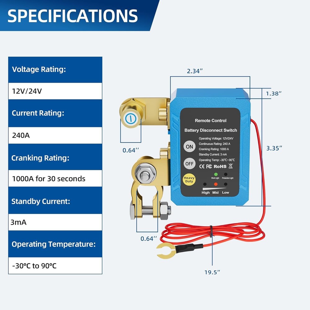 Kill Switch 12V 240A Remote Battery Disconnect Switch Automatic Power Shut off S