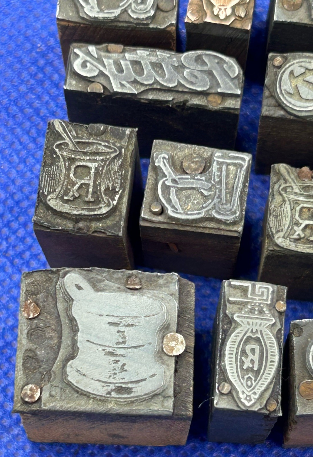 Antique Figural Pharmacy Stamping Dies Pharmacist Log Stamps - LOT OF 30