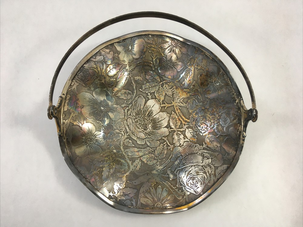 Tapestry Silverplate Floral Embossed Handled Basket Trinket Dish Display