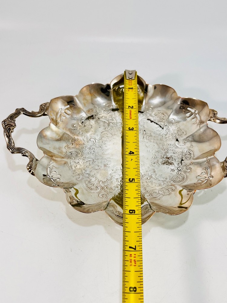 Vintage Silver Plate Ornate Candy Dish w/ Double Handle 8" x 6.5"