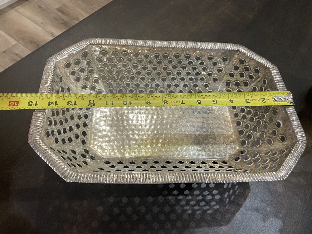 Vintage Silver Tone Ornate Rectangular Open work Hammered Footed Basket 55