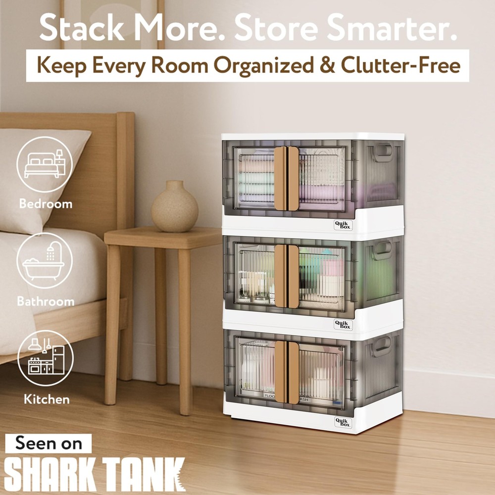 Quik Box - 8.5 Gallon Stackable Storage Bins with Doors & Wheels - Collapsibl...