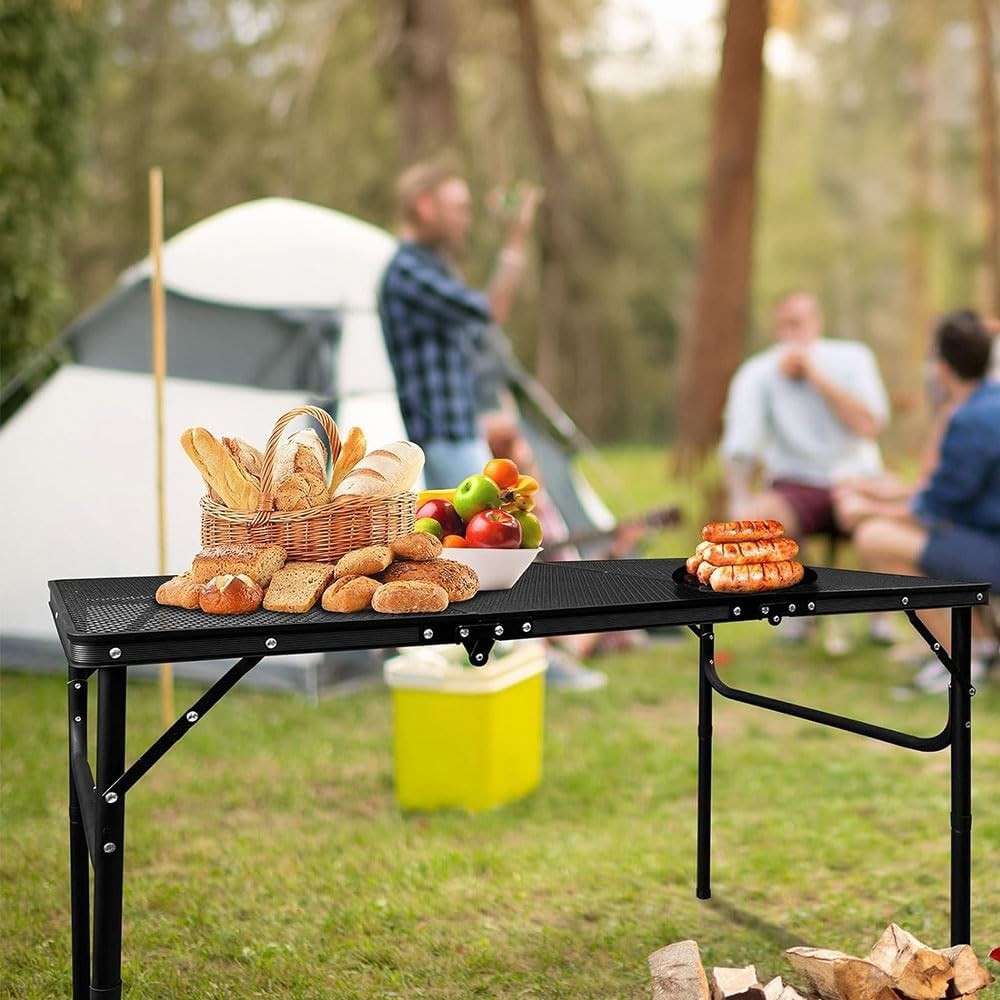 4FT 3-Fold Camping Table with Mesh Desktop Adjustable Height BBQ Grill Table