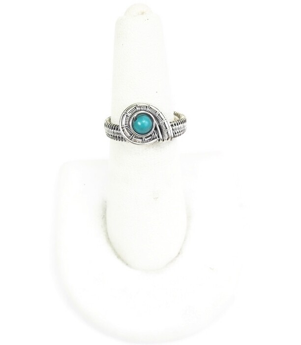Turquoise Adjustable Ring, Woven in Sterling Silver Wire
