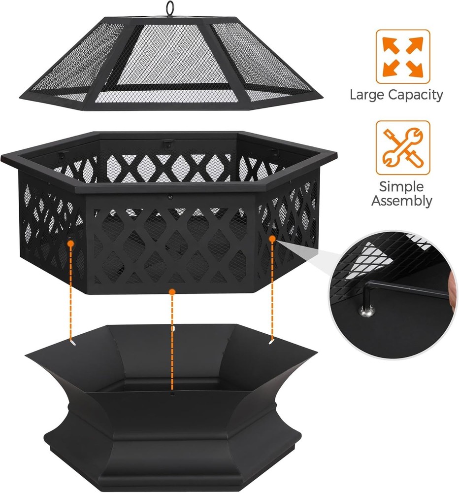Fire Pit Fire Pits for outside 24In Hex Shaped Firepit Bowl with Spark Screen &